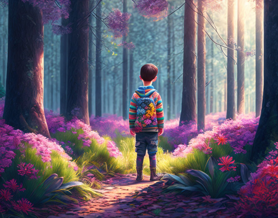 Child with Colorful Backpack in Forest Path Surrounded by Pink Flowers