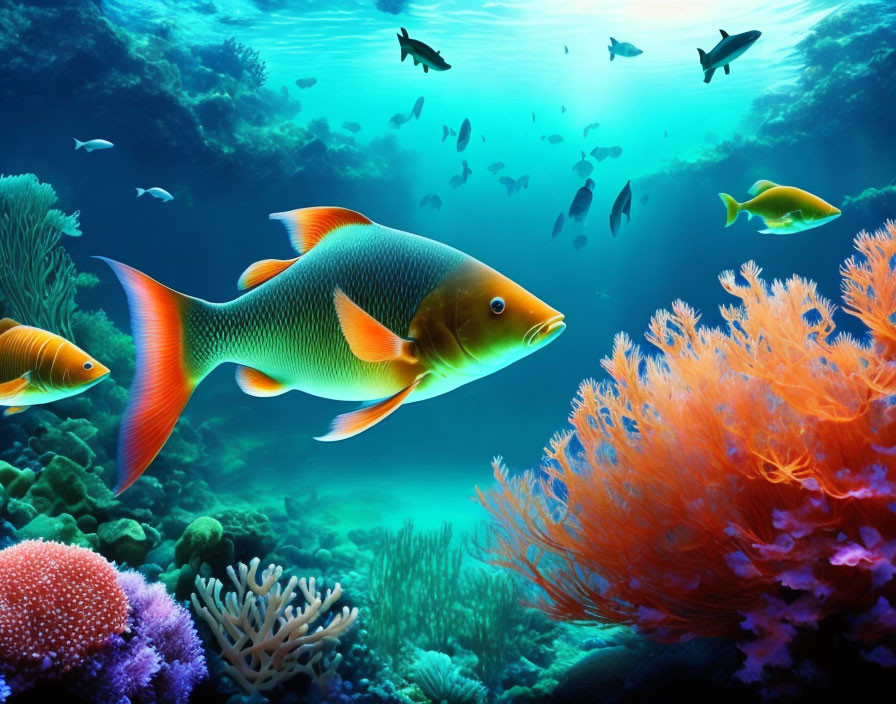 Colorful Underwater Seascape with Orange Fish and Coral Reefs