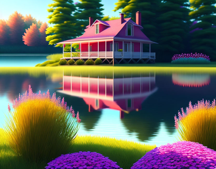 Colorful Lakeside House Illustration with Reflection and Flora