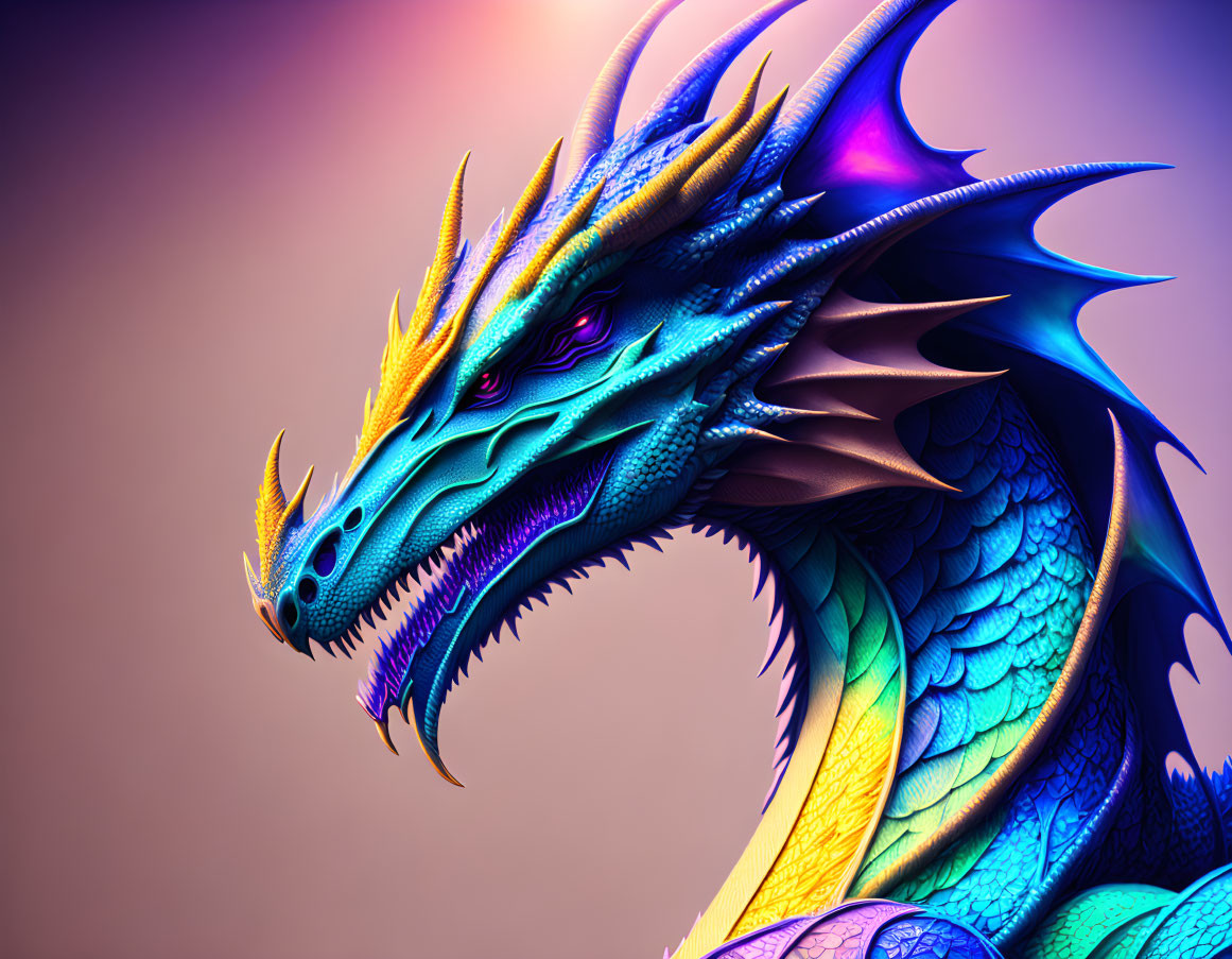 Colorful digital artwork: Blue and purple dragon with intricate scales and horns on warm gradient background