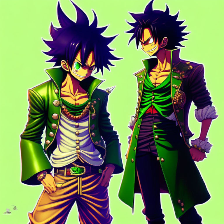 Stylized animated characters with spiky black hair in green pirate outfits