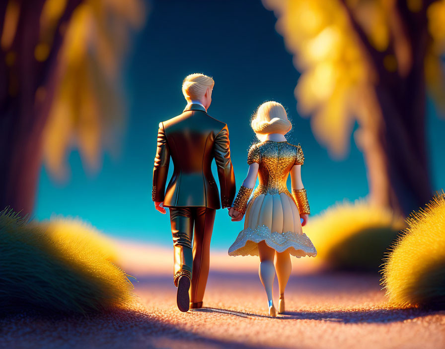 Illustration of couple walking under autumn trees at sunset