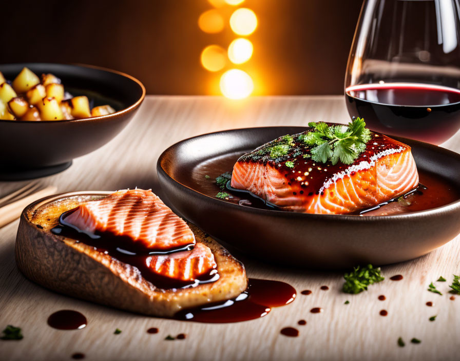 Grilled Salmon Filet with Glaze, Wine, and Vegetables on Wooden Plate