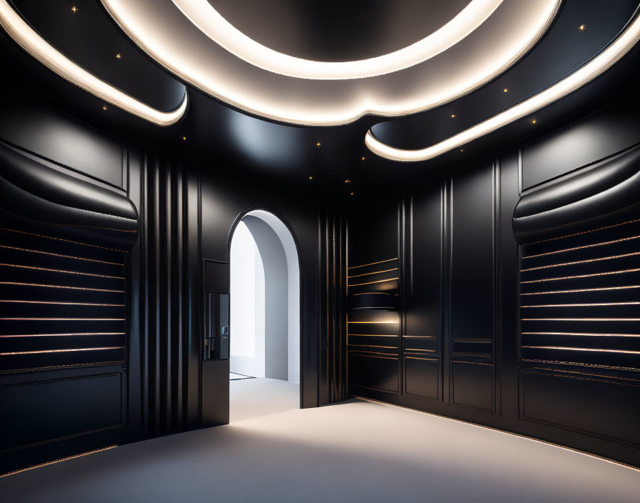 Modern Room with Black Walls, Curved Ceiling, and Archway Door