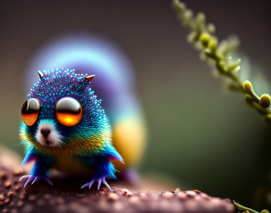 Colorful whimsical creature with large eyes on a branch