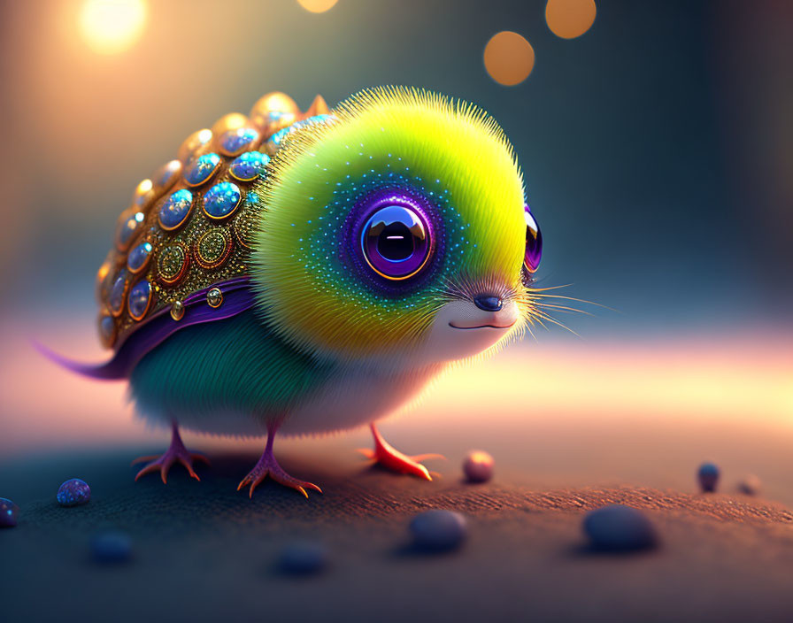 Colorful creature with pearl-like shell and vibrant fur against dreamy background