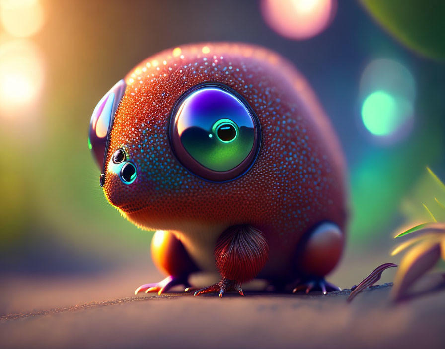 Chubby animated creature with large glossy eyes and orange body in greenery