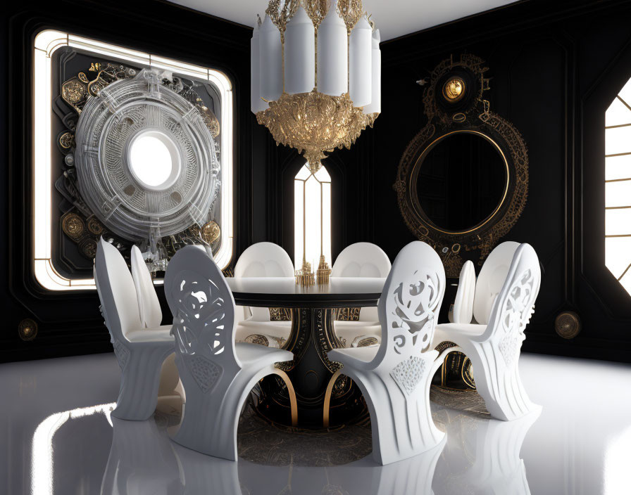 Luxurious Dining Room with Gold and White Furniture, Ornate Chandeliers, and Futuristic Black