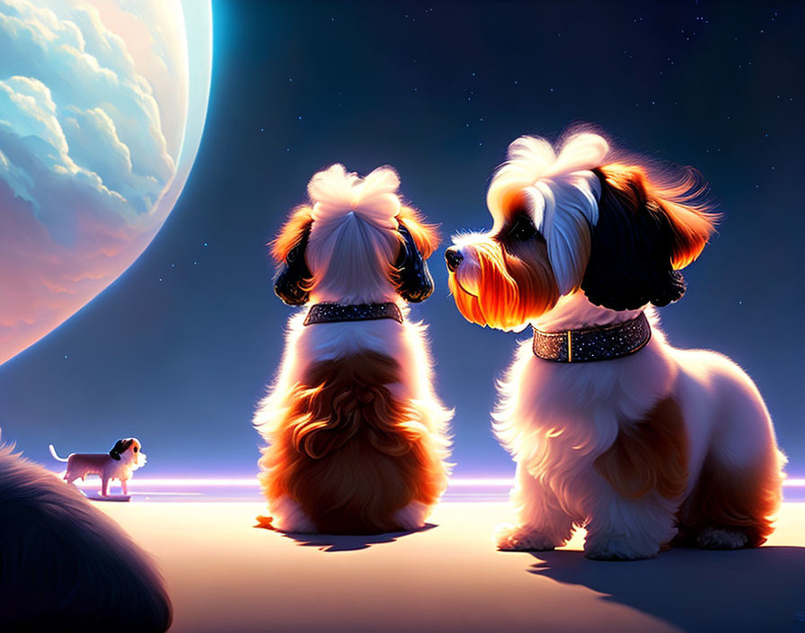 Fluffy dogs with stylish collars under night sky