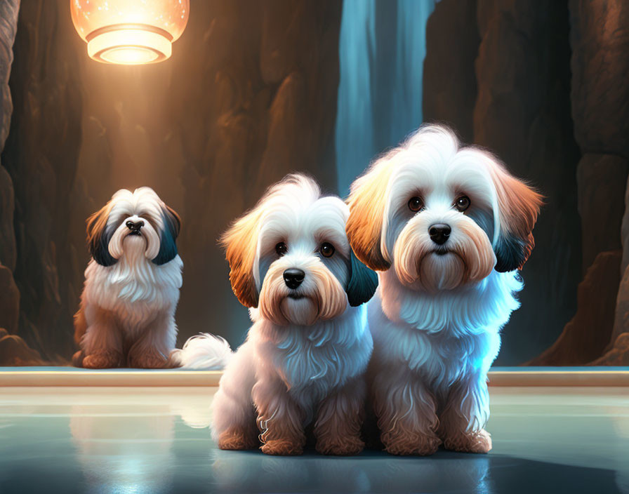 Three White and Beige Dogs in Regal Room with Chandelier