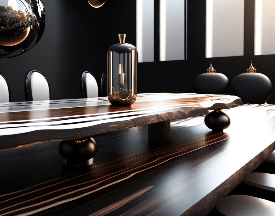 Modern Dining Room with Wooden Table, Black Chairs, and Mirrored Wall