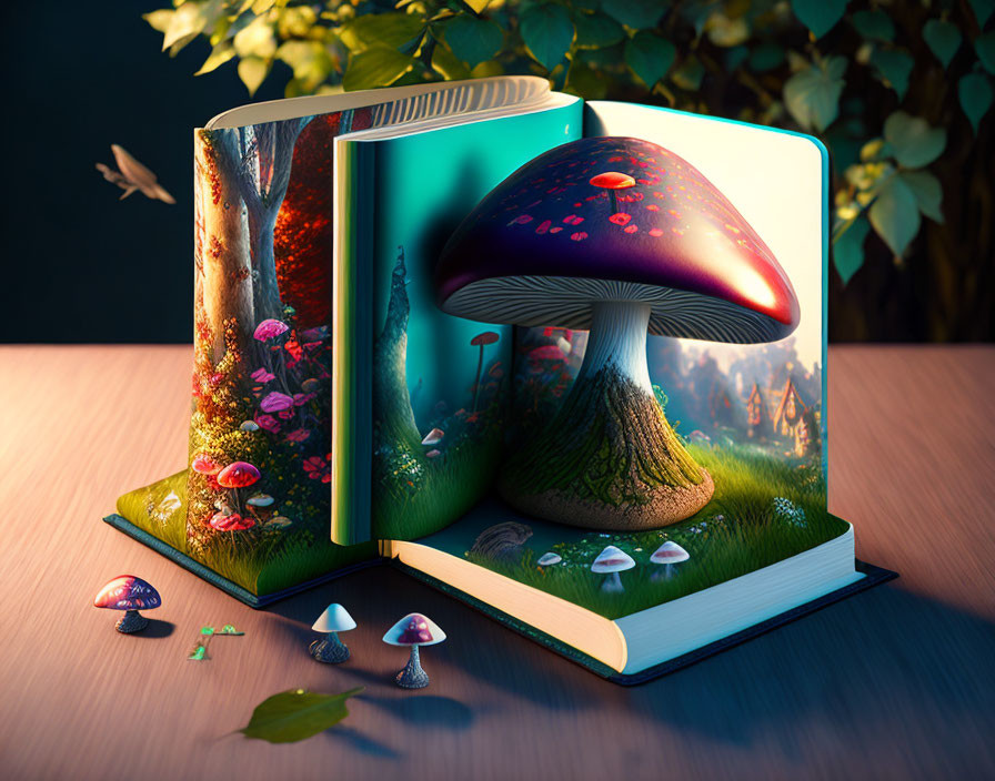 Vibrant mushroom and fantasy landscape in open book illustration