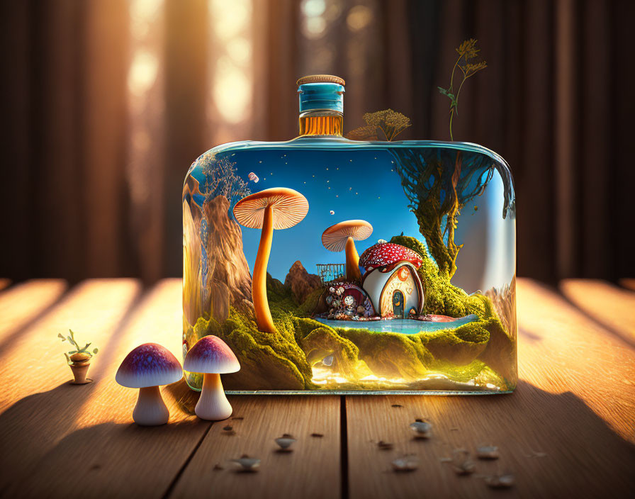 Miniature fairy-tale terrarium with mushrooms, tiny house, and lush landscape in glass bottle