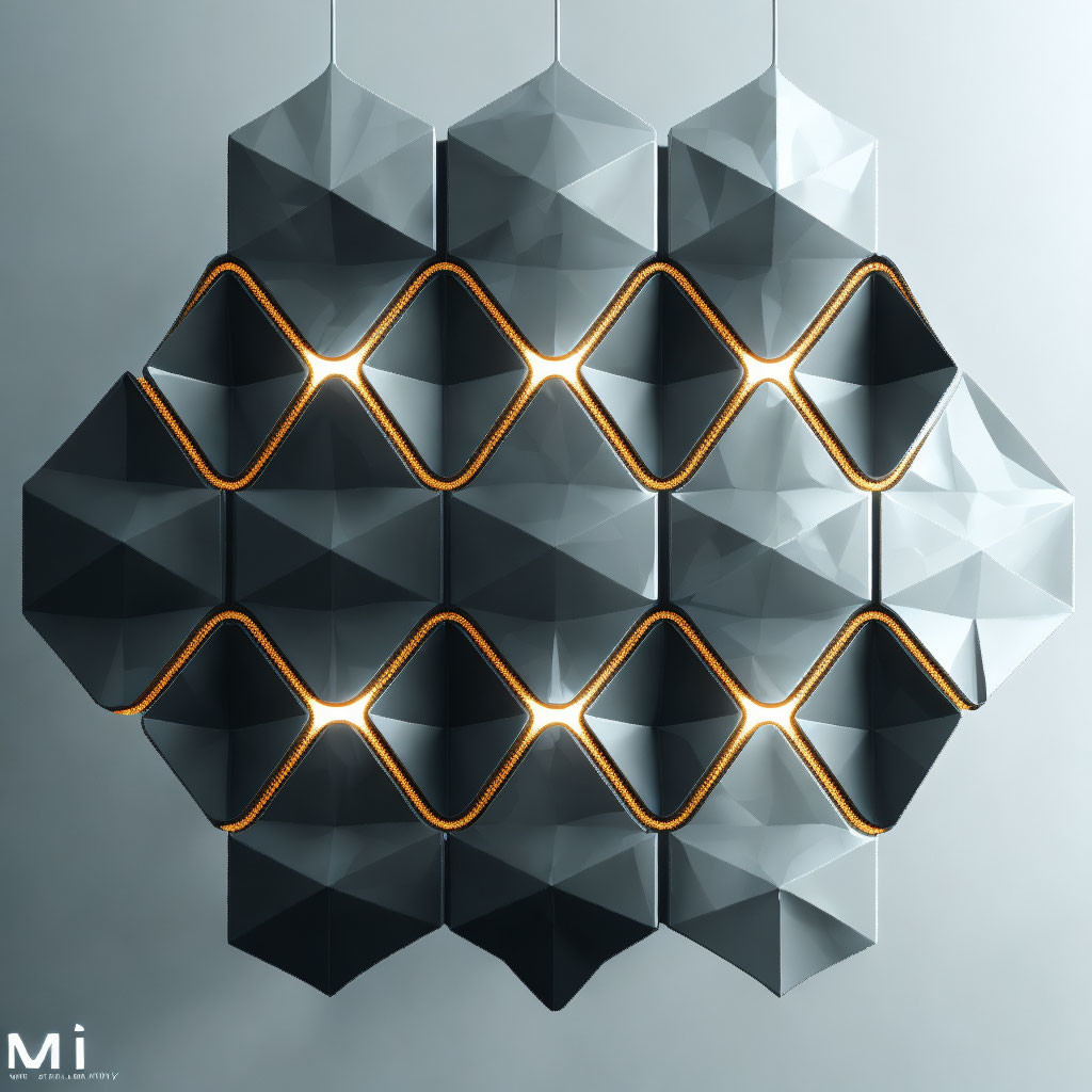 Hexagonal Geometric Pendant Light with Golden Accents on Dark Background