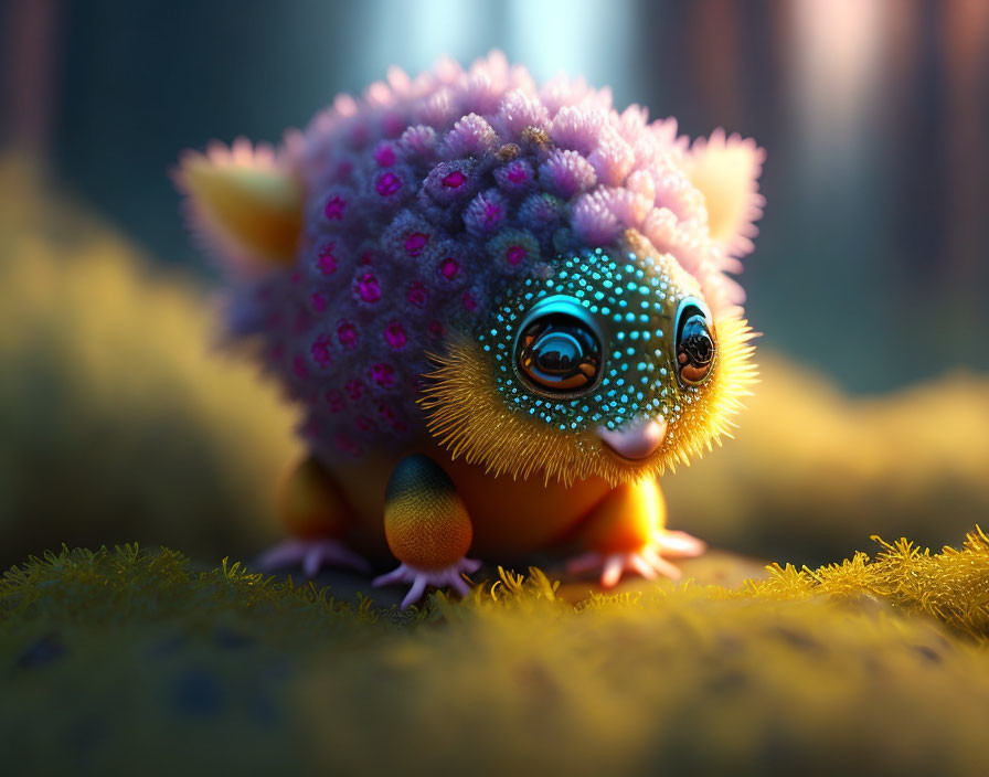 Colorful whimsical creature with spiky back and blue eyes on mossy surface