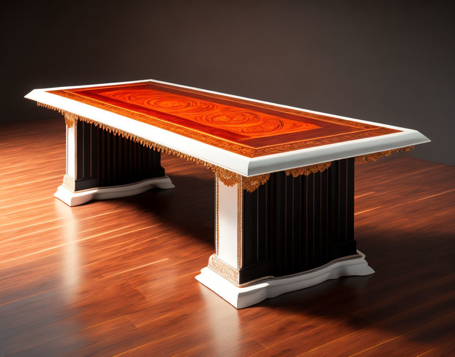 Intricate Marquetry Wooden Table on Polished Wood Floor