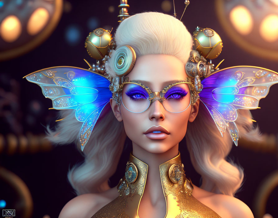 Platinum blonde hair, golden jewelry, glowing butterfly wings, and stylish purple-tinted glasses