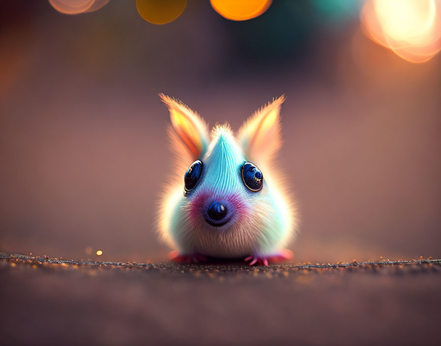 Colorful, expressive creature with large eyes in soft, bokeh-lit setting