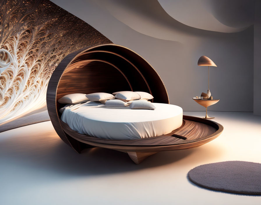 Contemporary Bedroom with Round Wooden Bed and Soft Lighting