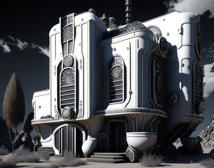 Futuristic art deco building in barren landscape