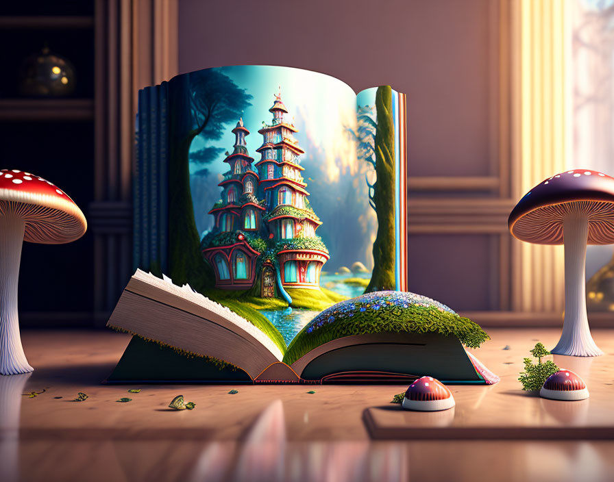 Illustration of fantasy pagoda tower in open book with magical landscape and oversized mushrooms in warmly lit room