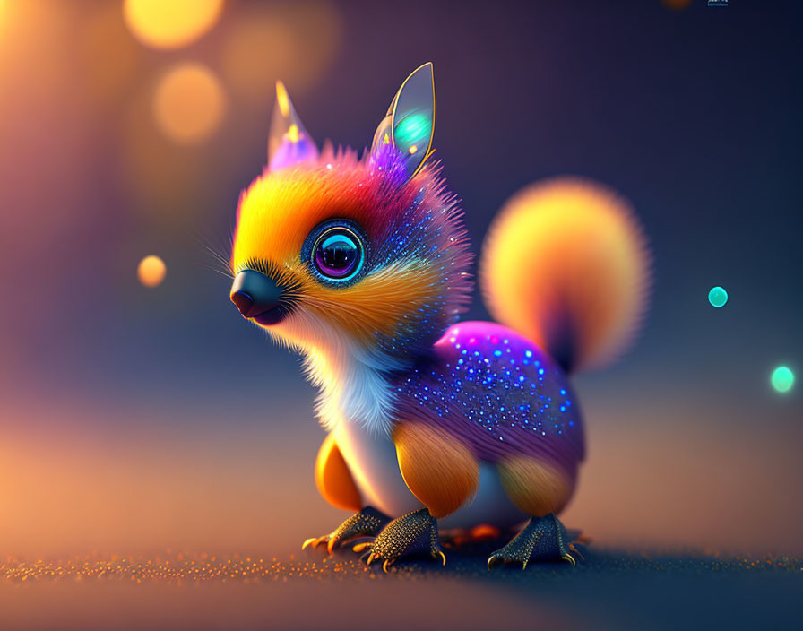 Whimsical small creature with fox-like features and vibrant, glowing fur