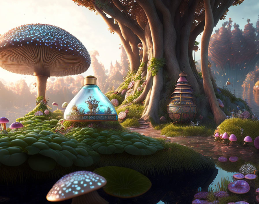 Enchanting forest scene with oversized mushrooms, glowing plants, tiny ecosystem bottle, and patterned h