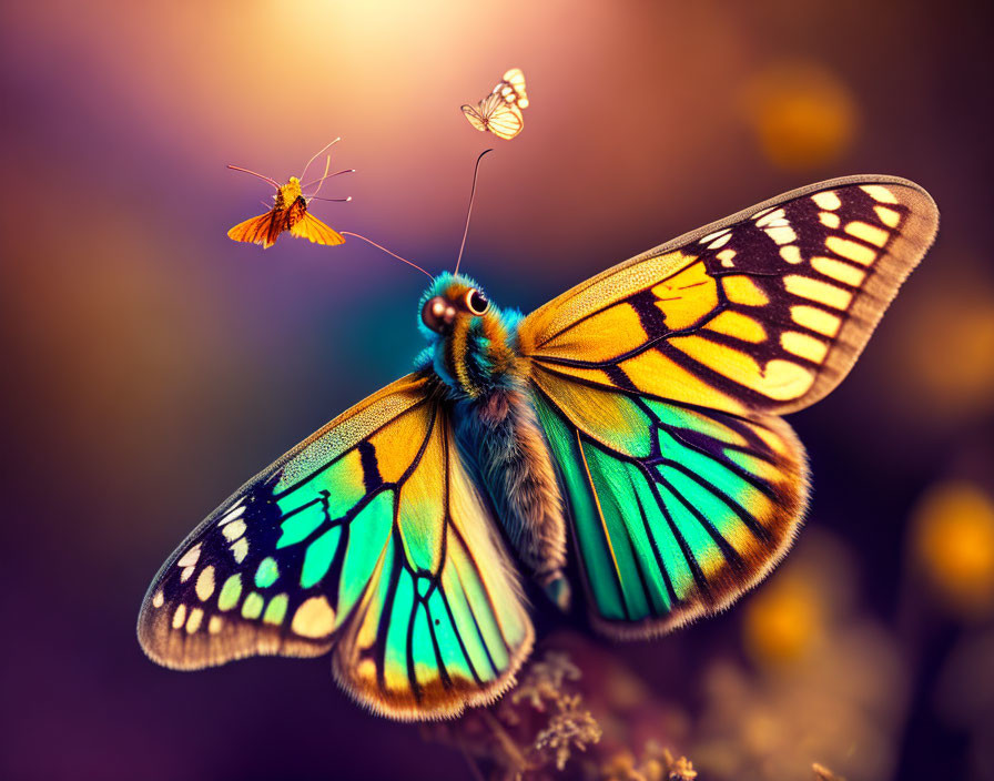 Colorful butterfly resting on plant with smaller butterflies nearby