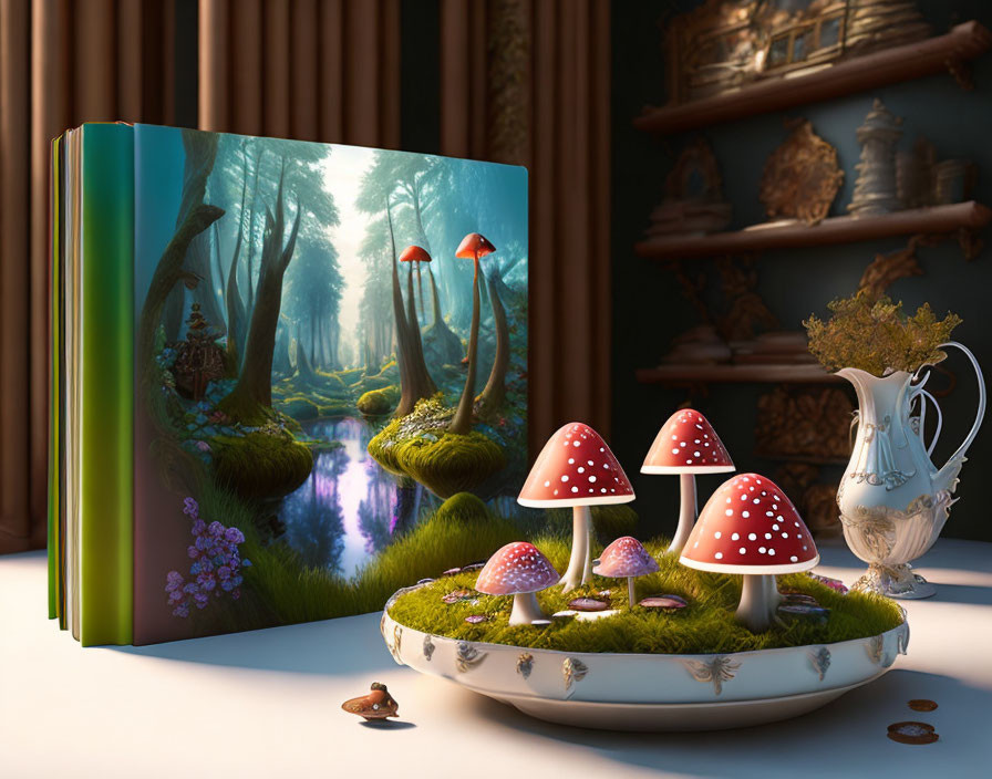 3D illustration of open book with forest scene, mushrooms, and vintage jug