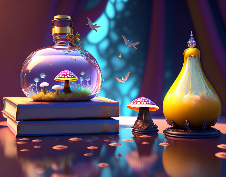 Whimsical 3D illustration of glass terrarium with mushrooms and butterflies in forest setting