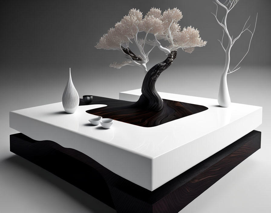 Monochromatic minimalist art: black tree, white leaves, vase, and cups on white platform