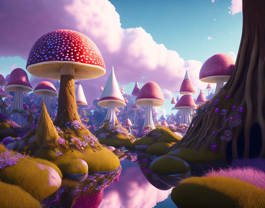 Vividly colored mushrooms in fantastical landscape