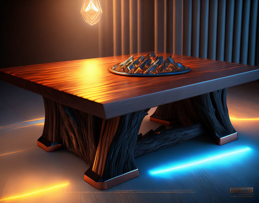 Contemporary wooden table with ambient lighting, metal accents, and warm-toned decor.