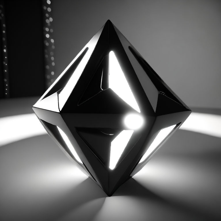 Reflective black polyhedron in dramatic lighting.