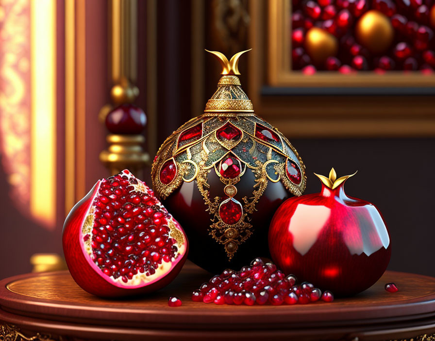 Jeweled egg and cut pomegranate on wooden table with gleaming seeds