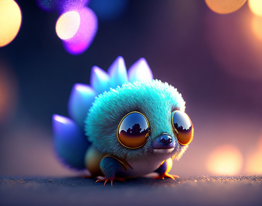 Colorful 3D illustration of a small blue creature with glossy eyes and purple spiky accents