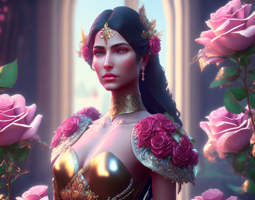 Digital art portrait of a woman with rose-themed adornments in a serene setting of vibrant pink roses