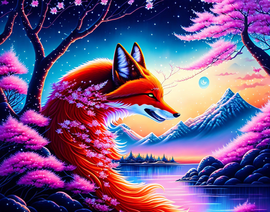 Red Fox Among Pink Cherry Blossoms with Mountain and Lake Scenery