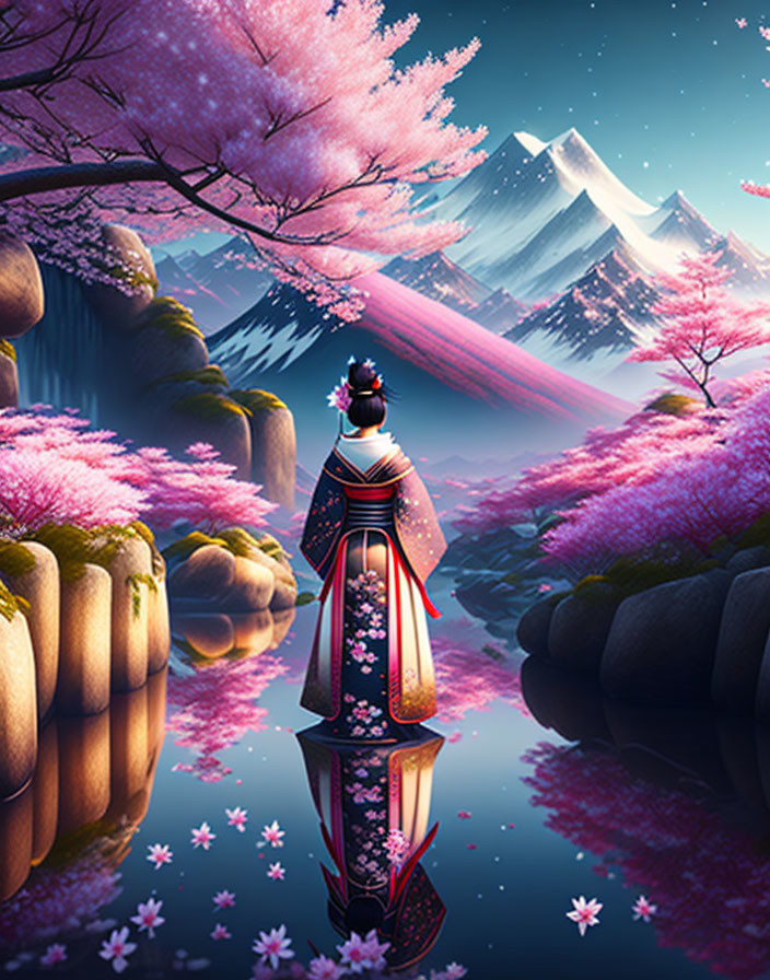 Person in Traditional Attire by Serene Lake and Cherry Blossoms