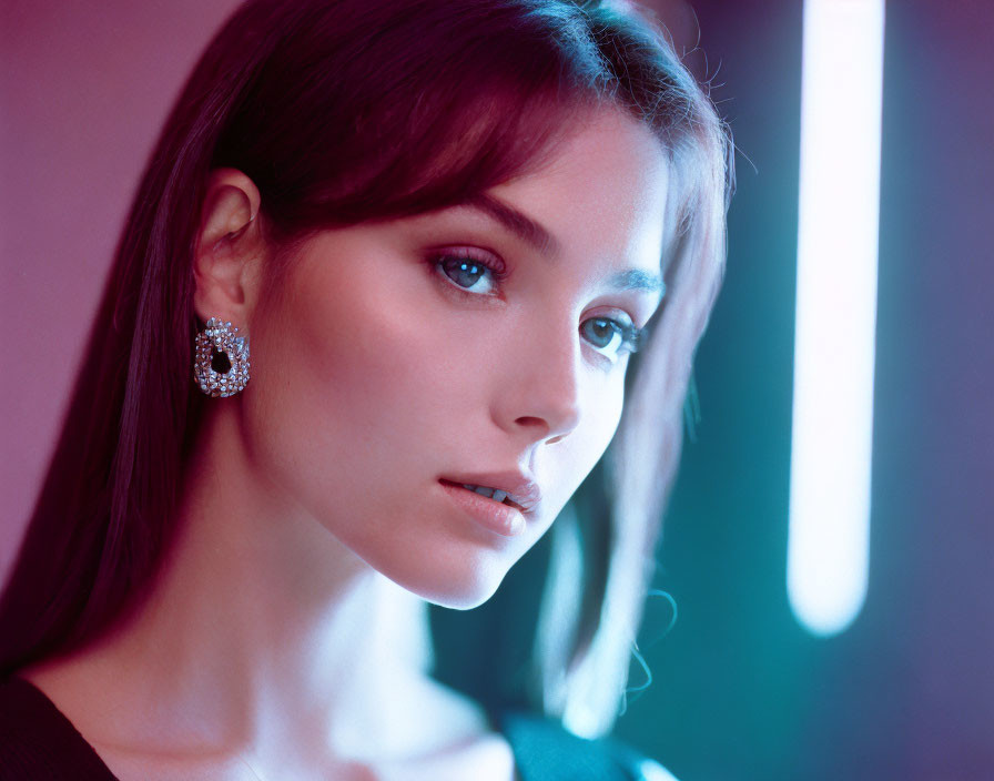 Woman portrait with elegant earrings and soft gaze under neon light