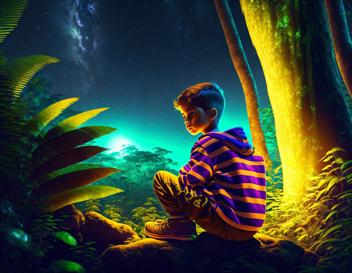 Child sitting on rock in lush forest at night with stars and aurora borealis