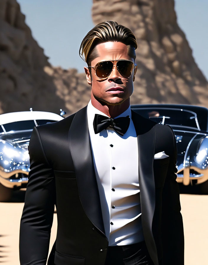 Confident Man in Tuxedo with Vintage Cars Outdoors