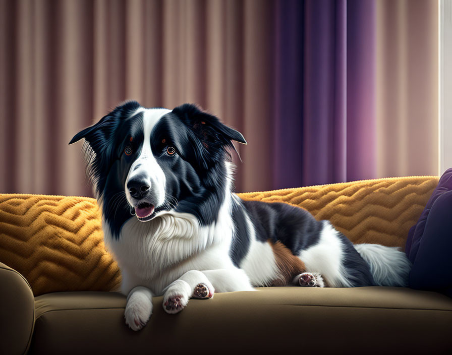 Black and White Border Collie on Tan Sofa with Yellow Cushions