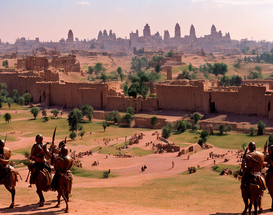 Traditional Attire Horse-mounted Figures and Ancient Cityscape Landscape