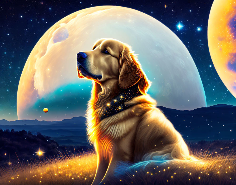 Golden retriever under cosmic sky with moon and stars