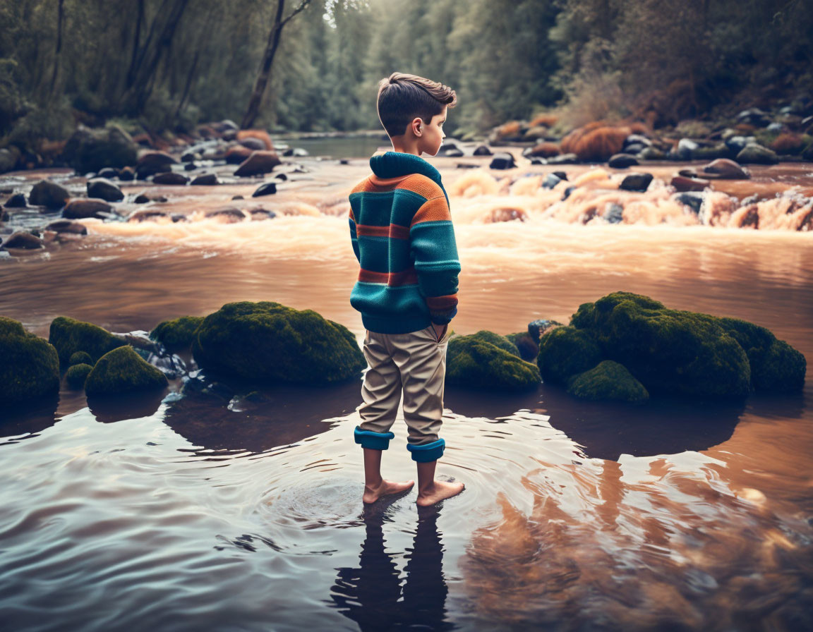 Child in Striped Sweater Contemplating in River Forest