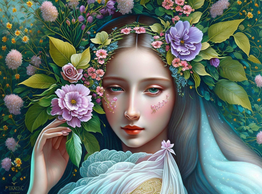 Digital painting of woman with floral hair, leafy tendrils, and delicate embellishments