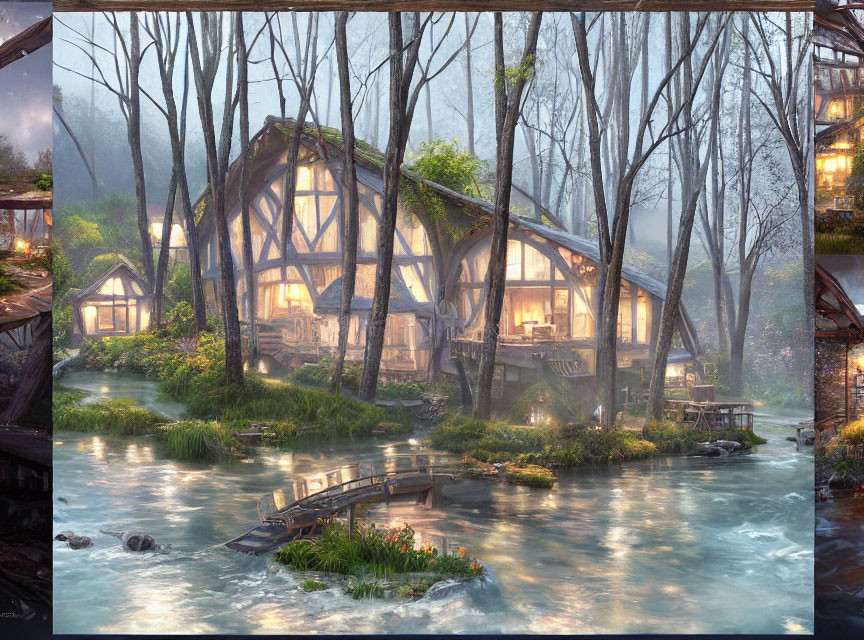 Fantasy-style illustration of a charming timber house in a lush, wooded landscape