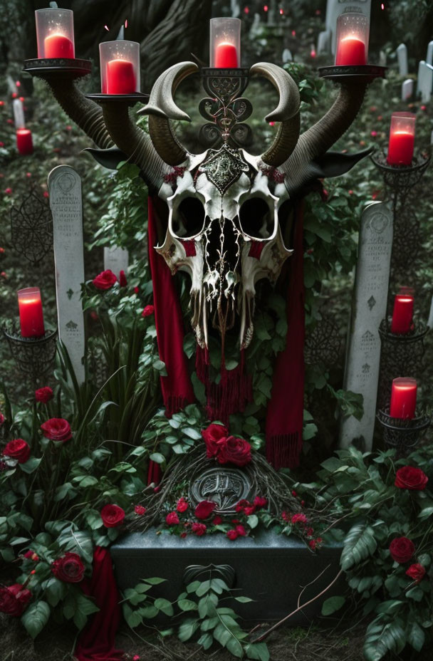 Skull with Horns and Jewelry Surrounded by Candles and Tombstones