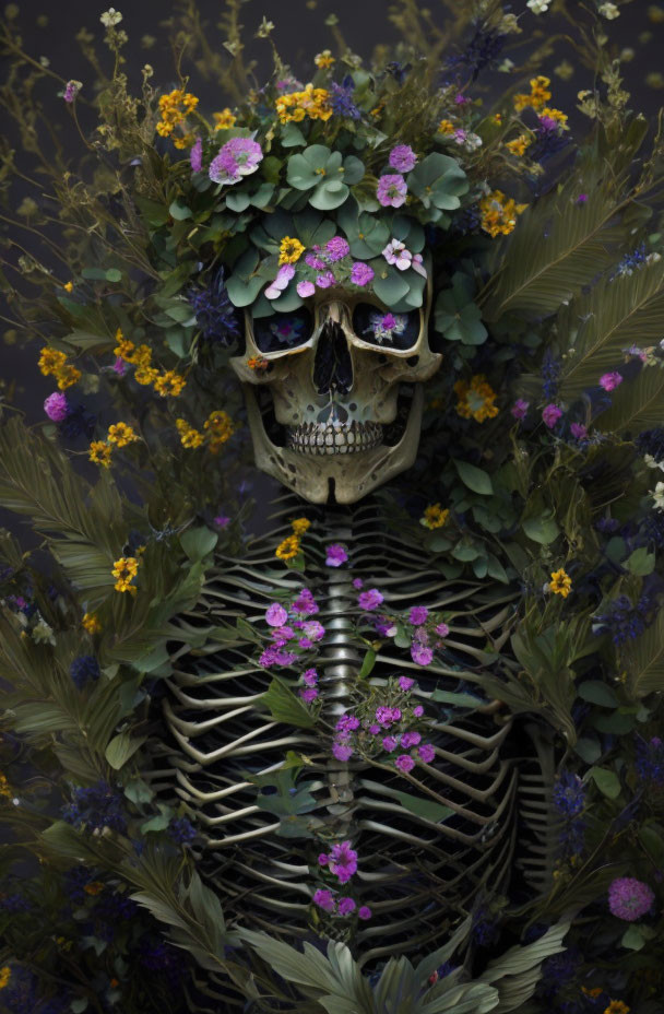 Skeleton adorned with colorful flowers on dark background symbolizing life, death, and rebirth